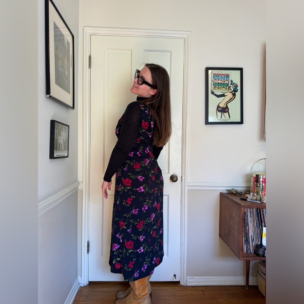 90s Vintage Navy Blue Floral Midi Dress - Picture 2 of 8